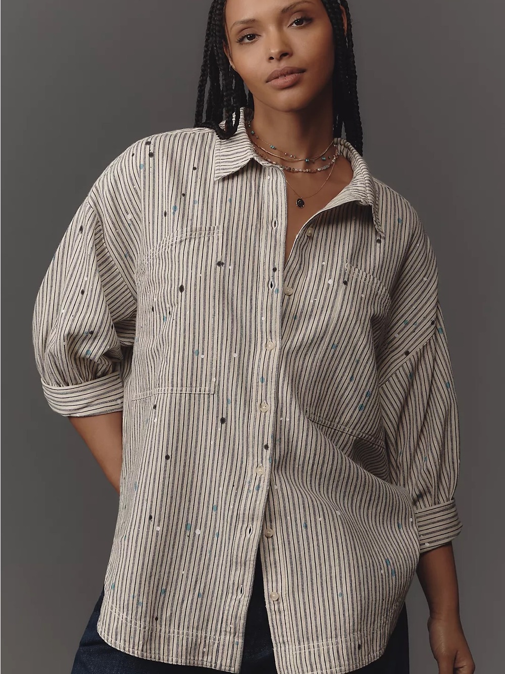 NWT Pilcro Studio Smock Cream Button-down Shirt with Blue Paint Accents